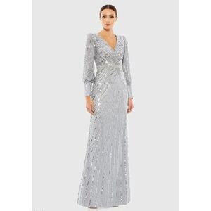 Mac Duggal Silver Sequined Wrap Over Bishop Sleeve Gown - Size 2 - New